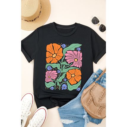 Black Colorful Flower Graphic Crewneck Summer Tee