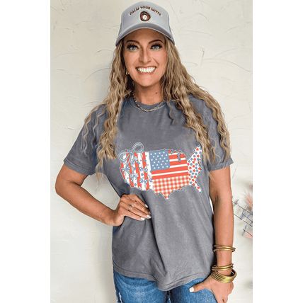 Gray American Flag Bow Map Graphic Tee