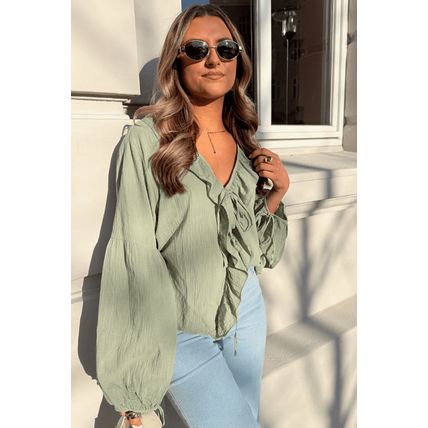 Meadow Mist Green Bow Tie Front Ruffle Trim V Neck Long Sleeve Gauze Blouse