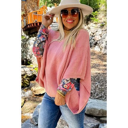 Light Pink Ribbed Knit Half Sleeve Plus Size Poncho Style Sweater