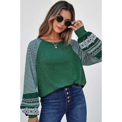Blackish Green Contrast Print Striped Raglan Long Sleeve Loose Top
