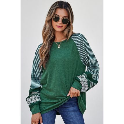 Blackish Green Contrast Print Striped Raglan Long Sleeve Loose Top