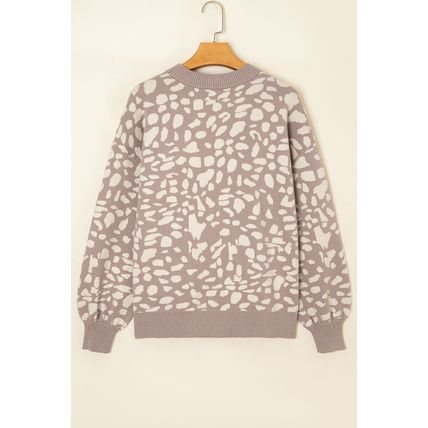Gray Leopard Spots Pattern Ribbed Trim Drop Shoulder Sweater