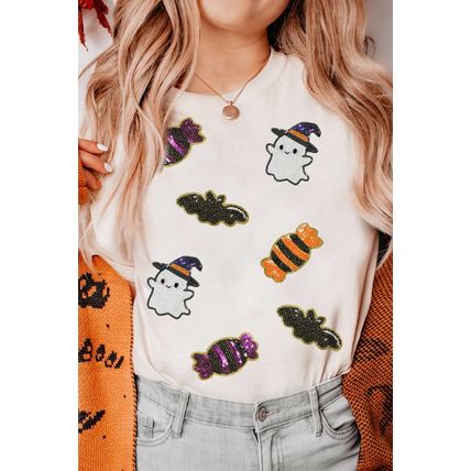 White Sequined Halloween Spirit Pattern Patched Custom Casual Tee