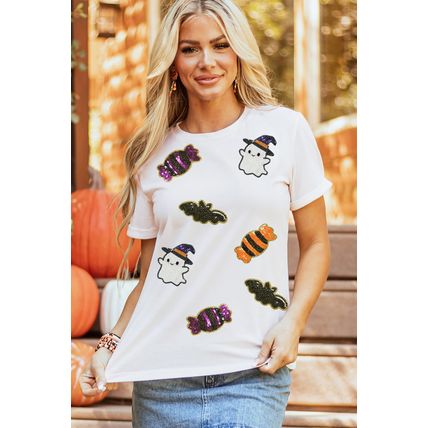 White Sequined Halloween Spirit Pattern Patched Custom Casual Tee