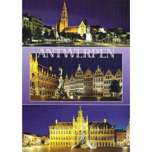 2521: Antwerp: The Cathedral, Market Place and Town Hall at Night.