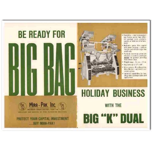 mira-pak inc 1968 bag k dual packaging machine snack food vintage ad
