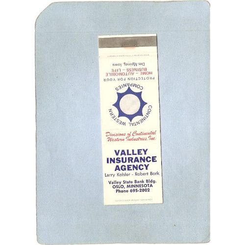 MN Oslo Matchcover Valley Insurance Agency Valley State Bank Bldg Also Lis~101