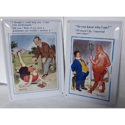 PAIR OF 50's SEASIDE HUMOUR - METAL WALL PLAQUES Predicament & Devil 15 x 10 cm