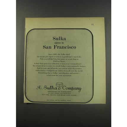 1956 A. Sulka Fashion Ad - Sulka opens in San Francisco