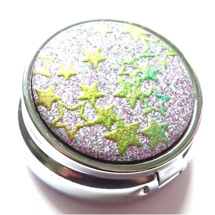 Green Glitter Stars Pill Box Round 2 CM Collectable Storage Gift