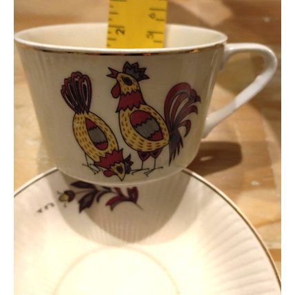 Vintage Japan Cup And Saucer Plater 2x Set White Floral Rooster Stamp