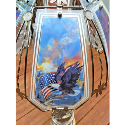 Vintage Heavy Brass Eagle American Flag Motorcycle Table Lamp Glass Panels Works