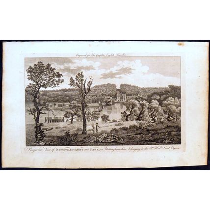 PERSPECTIVE VIEW OF NEWSTEAD-ABBY AND PARK 1771 Lord Byron ANTIQUE ENGRAVING