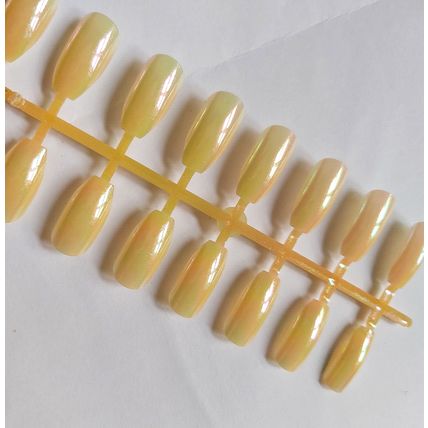 24 False Nails Yellow Gold Coffin Ballerina Press On Set Chrome Metallic mirror