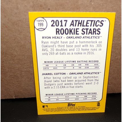 TOPPS HERITAGE 2017 ATHLETICS ROOKIE STARS RYON HEALY/JHAREL COTTON CARD #199