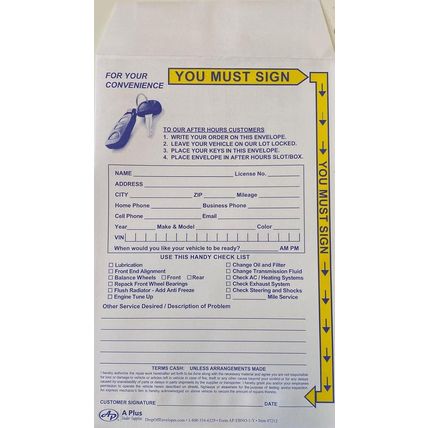 Key Drop off Envelope - EBNO-1-Y - 500 Qty. (W1)