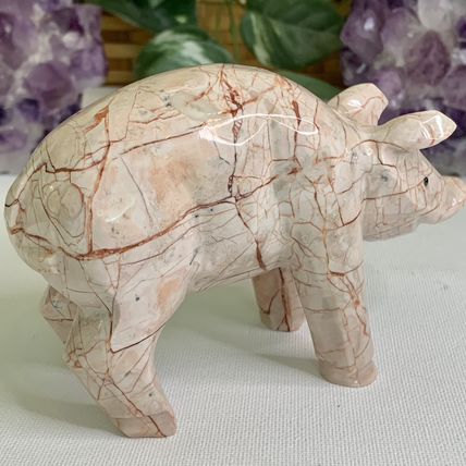 Large Pink Marble Carved Pig Figurine Farm Animal Polished Stone Swine 5" 539g