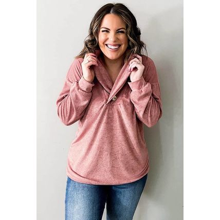 Pink Plus Size Long Sleeve V-Neck Buttoned Top