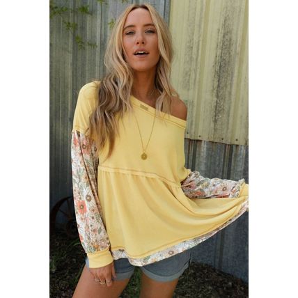 Yellow Floral Patchwork Waffle Knit Babydoll Blouse
