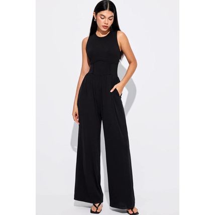 Black Cinched Waist Sleeveless Wide Leg Jumpsuit
