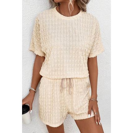 Beige Frill Textured Short Sleeve Top and Drawstring Shorts Set