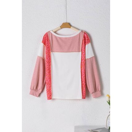 Peach Blossom Leopard Colorblock Patchwork Exposed Seam Top