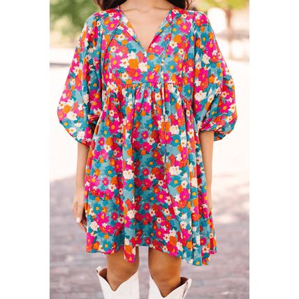 Sky Blue Floral Print Tie Split Neck Bubble Sleeve Babydoll Dress