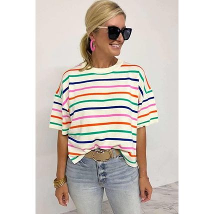 Beige Stripe Dropped Short Sleeve Boxy Fit Knitted Top