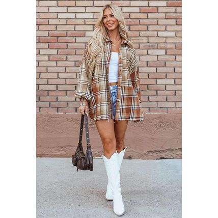 Khaki Plaid Colorblock Patchwork High Low Shacket