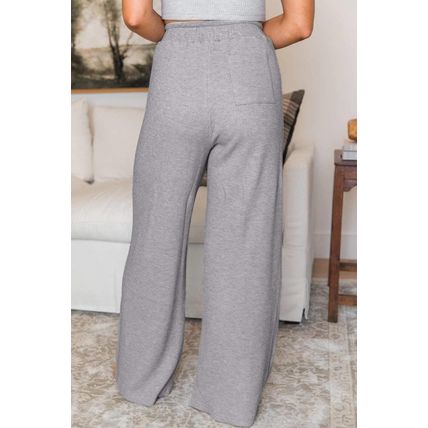 Gray Waffle Knit Drawstring High Waist Wide Leg Pants