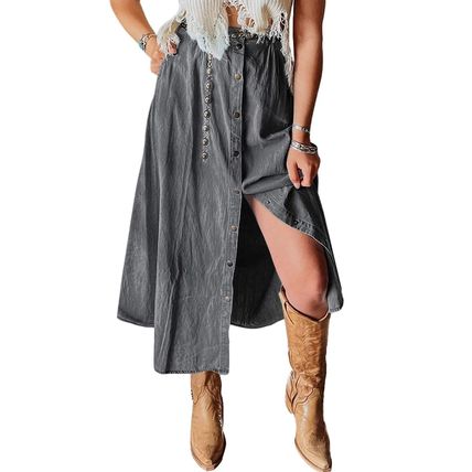 Dark Grey Fully Buttoned Long Denim Skirt