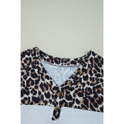White Leopard Waffle Knit Patchwork Button V Neck Top