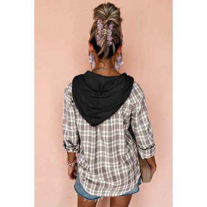 Black Checkered Print Loose Fit Buttoned Hooded Shacket