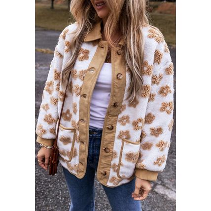 Light French Beige Cute Flower Pattern Button Up Fleece Jacket