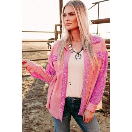 Apricot Pink Mineral Wash Sequin Patchwork Flap Pocket Shacket