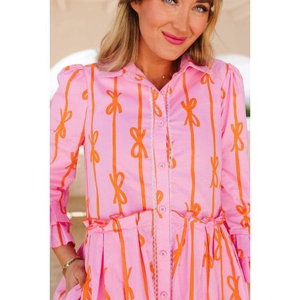 Pink Bowknot Striped Printed Tiered Ruffled Mini Shirt Dress