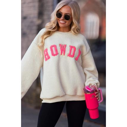 Beige Sherpa HOWDY Patched Pullover Sweatshirt