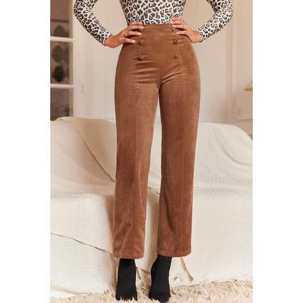 Chestnut Solid Color Double Breasted Straight Leg Pants