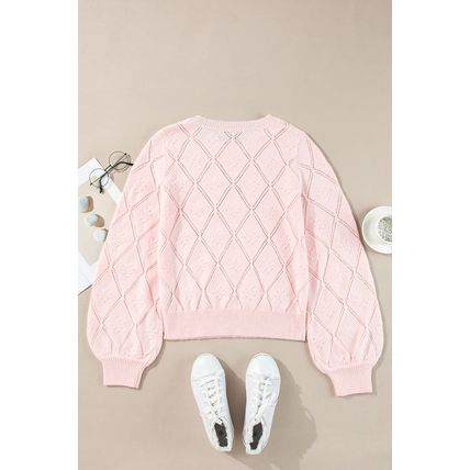 Gossamer Pink Openwork Plaid Puff Sleeve Cropped Sweater