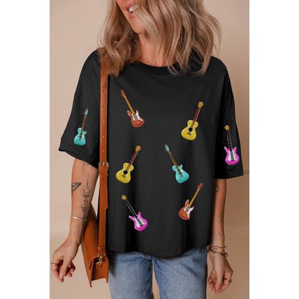 Black Music Lovers Sequined Guitars Dropped Shoulder T Shirt
