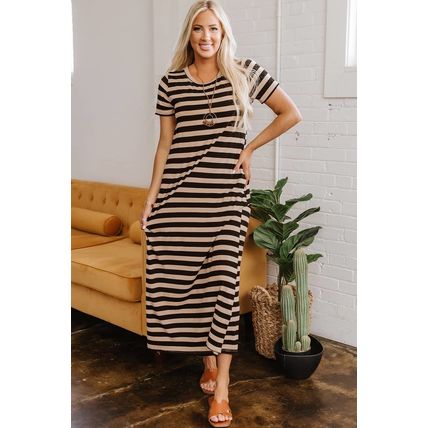 Black Stripe Casual Round Neck T-shirt Maxi Dress with Pockets