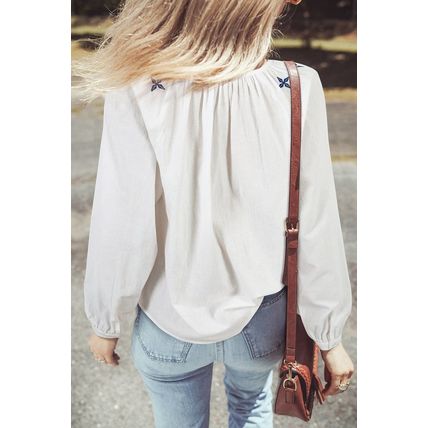 White Geometric Embroidered Long Sleeve Buttoned Blouse