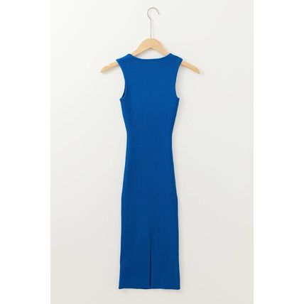 Dark Blue Solid Ribbed Knit Sheath Sleeveless Midi Sweater Dress