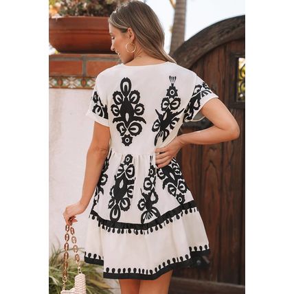 Black Vintage Print V Neck High Waist Short Sleeve Dress