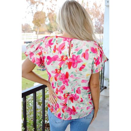Rose Floral Print Flutter Sleeve Round Neck Casual Blouse