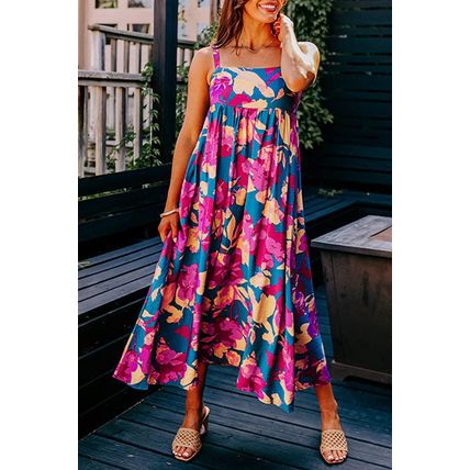 Dark Blue Floral High Waist Sleeveless Flared Long Dress