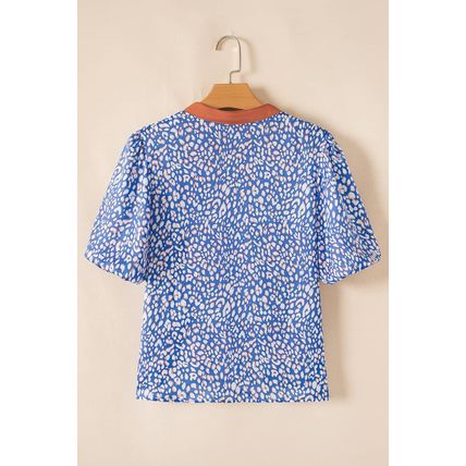 Ashleigh Blue Leopard Print Spot Contrast V Neck Half Puff Sleeve Shirt