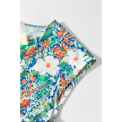 Green Floral Print Bow Applique Slit Sleeveless Peplum Blouse