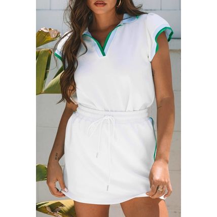 White Colorblock Edge Cap Sleeve Collared Top 2 Piece Skirt Set